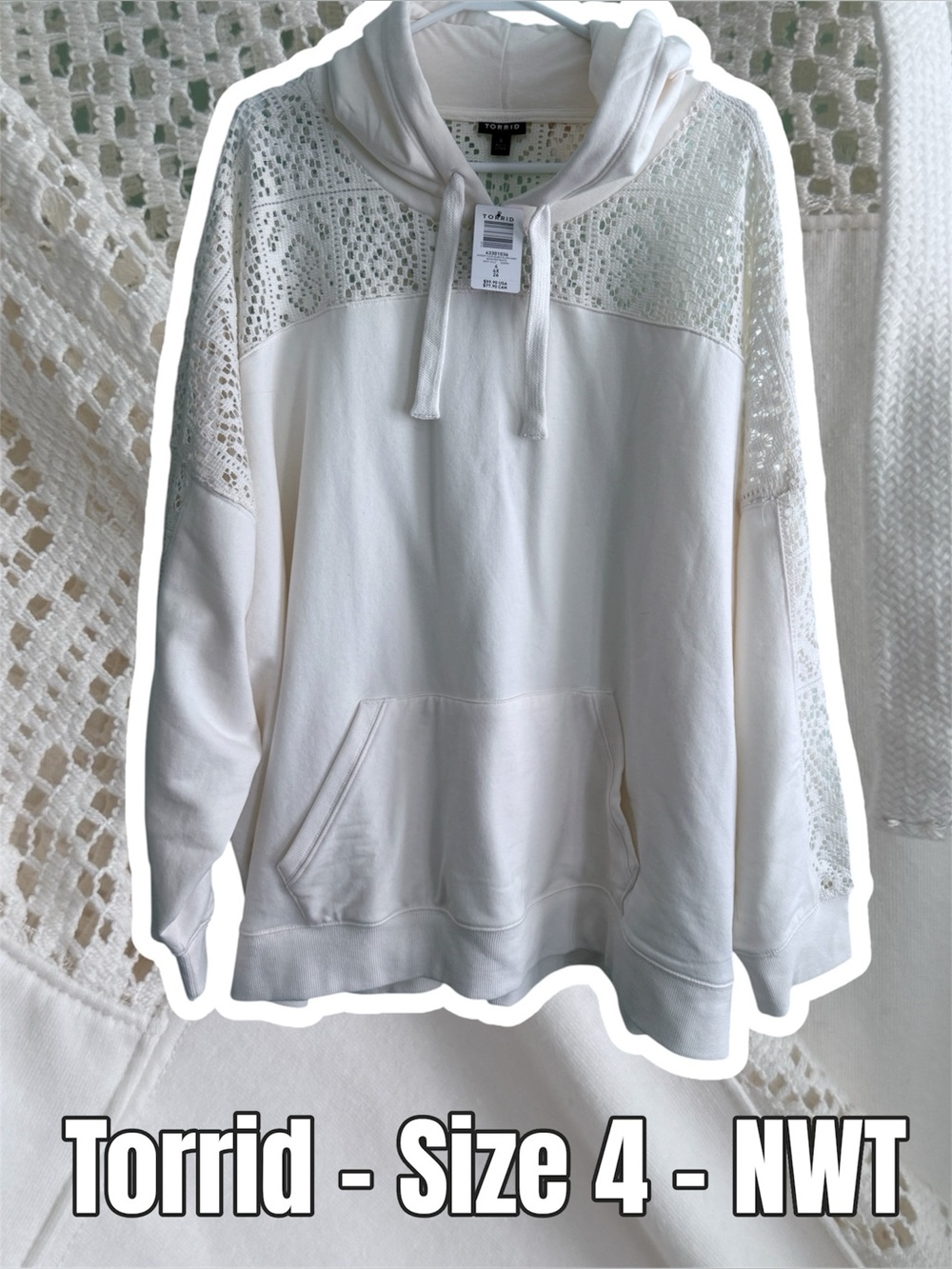 Torrid White Crochet-Paneled Pullover Hoodie